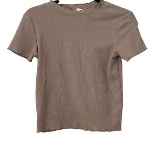 Women's NET Tan Textured Lettuce-Trim Baby Tee Cropped Shirt Short Sleeve -Small